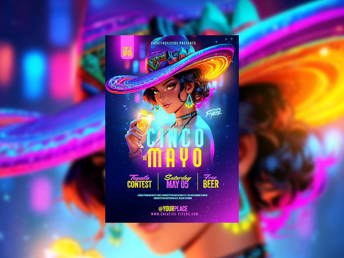 Cinco De Mayo Party Flyer cinco de mayo colorful creative flyer flyer design flyer templates glow glow party illustration photoshop poster psd