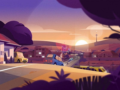 Town Landscape 2d 2d animation animation bridge environment environment art highway illustration illustrator landscape scene scenery styleframe traffic train tram transport transportation vehicle vehicles