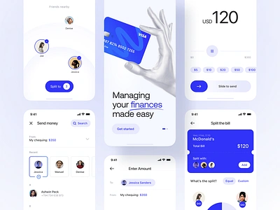 Split payment mobile app android avatars bill blue card contacts debit finance fintech graph hand ios mini minimalistic pay payment piechart simple split white