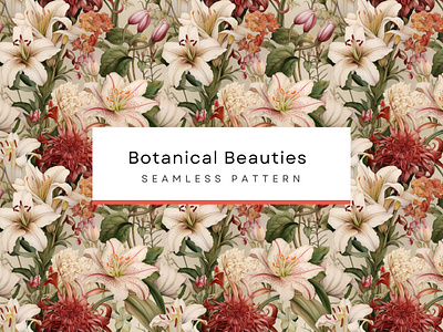 Botanical Beauties , flower, Seamless Patterns 300 DPI, 4K fine art print floral pattern pink lilies pattern seamless pattern vintage botanical illustration vintage wallpaper background white daffodils pattern