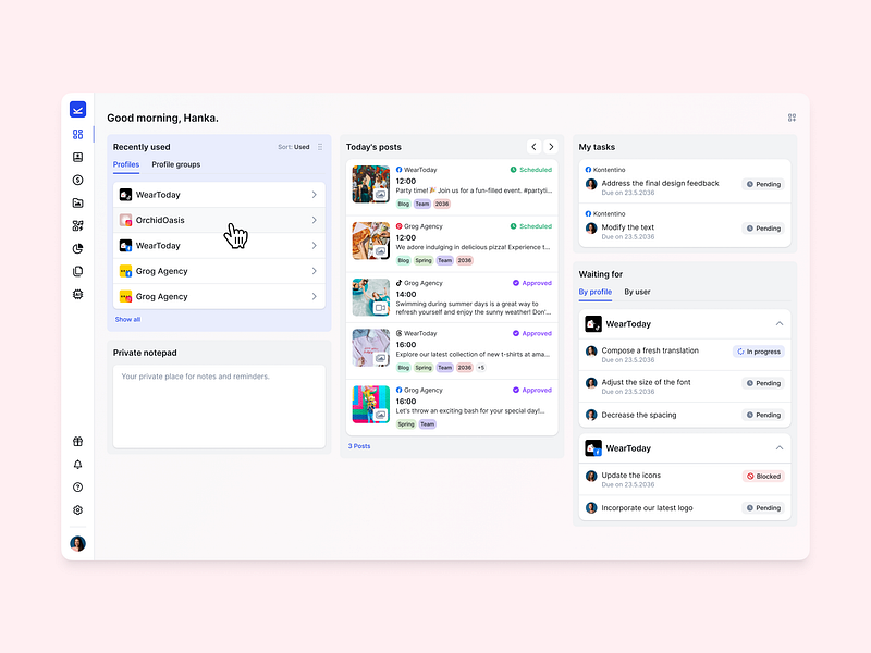 Fresh new dashboard in Kontentino admin agenda buffer dashboard hootsuite kontentino media posts meta post management redesign schedule settings social management tool social media tasks tasks management ui ux webapp