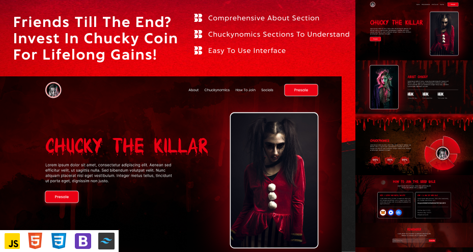 Chucky Meme Token Tailwind CSS Website Template chucky meme token chuckytoken crypto crypto currency crypto token business crypto token landing page css digital currency html html5 responsive tailwind token website template