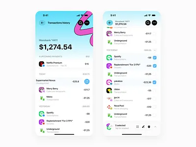 Saldo Finance: Budget App → Transactions history 3d balance bank branding budget budget app budgeting card illustration ios mobile monobank multiselect search select menu transaction ui upcoming transaction ux web