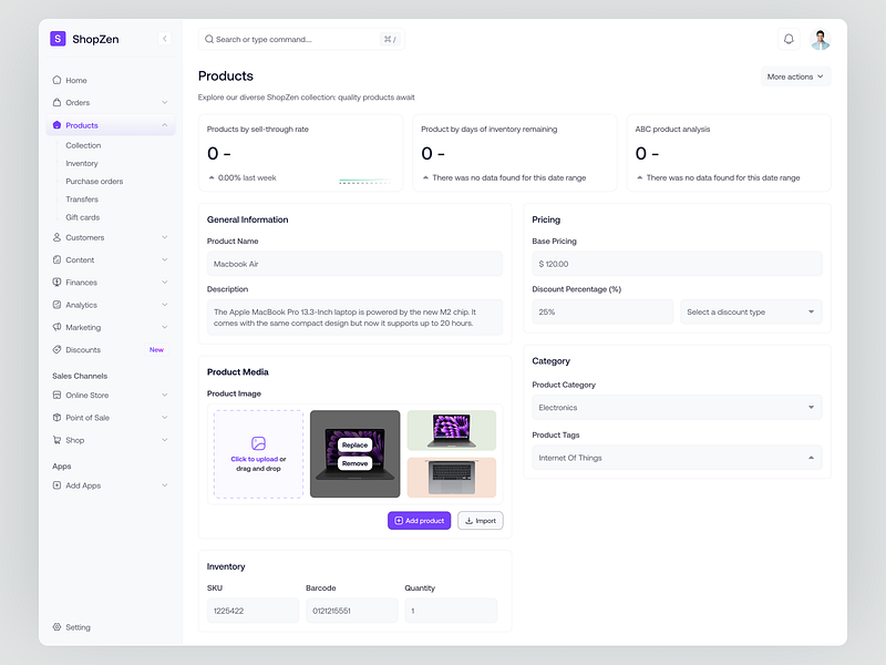 ShopZen - Product Flow add product admin create product dashboard ecommerce ecommerce product edit product online shopping product design product detail product info product list product page saas shopify shopping table ui ux web app website