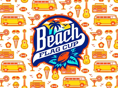 Beach Flag Cup 2024 beach boombox branding cocktail crest event branding flag football football ice cream illustration logo logo design patch pattern sports branding sports design sports logo ukulele van vector