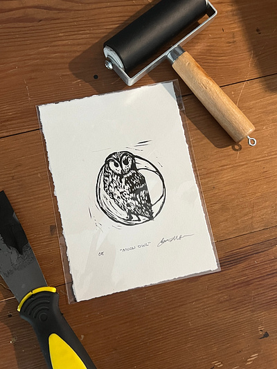 Moon Owl drawing fine art linocut printmaking