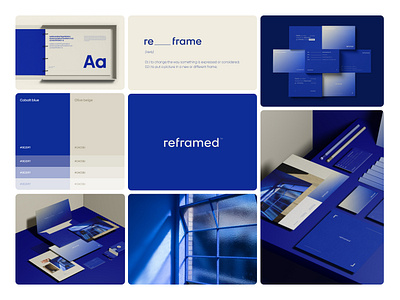 Reframed - media house branding beige branding cobalt graphic design logo lotyp visual identity