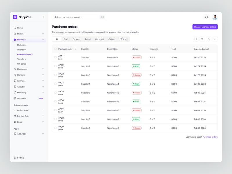 ShopZen - Inventory List, Product Collection, Purchase admin collection create order create purchase order crete inventory dashboard ecommerce ecommerce product inventory online store product design product list purchase info purchase order saas shop shopify table ui ux web app