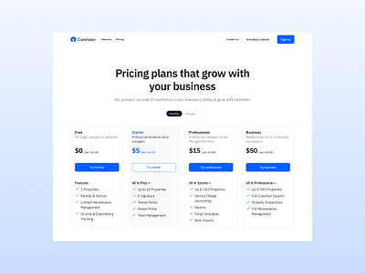 Pricing Page: Caretaker app business card comparison design landing page price options pricing pricing page property manager real estate ui