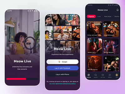 Streaming App Design🚀🎥 bigo concept concept app dating entertainment explore instagram likee live app login love reels search splash tiktok tinder ui uxdesign