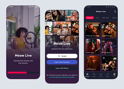 Streaming App Design🚀🎥 bigo concept concept app dating entertainment explore instagram likee live app login love reels search splash tiktok tinder ui uxdesign