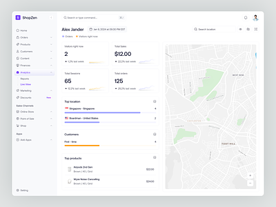 ShopZen - Analytics - Live View admin analytics analytics chart analytics dashboard dashboard delivery ecommerce live view location map app map view product design real estate reports saas shop shopify ui ux web app website