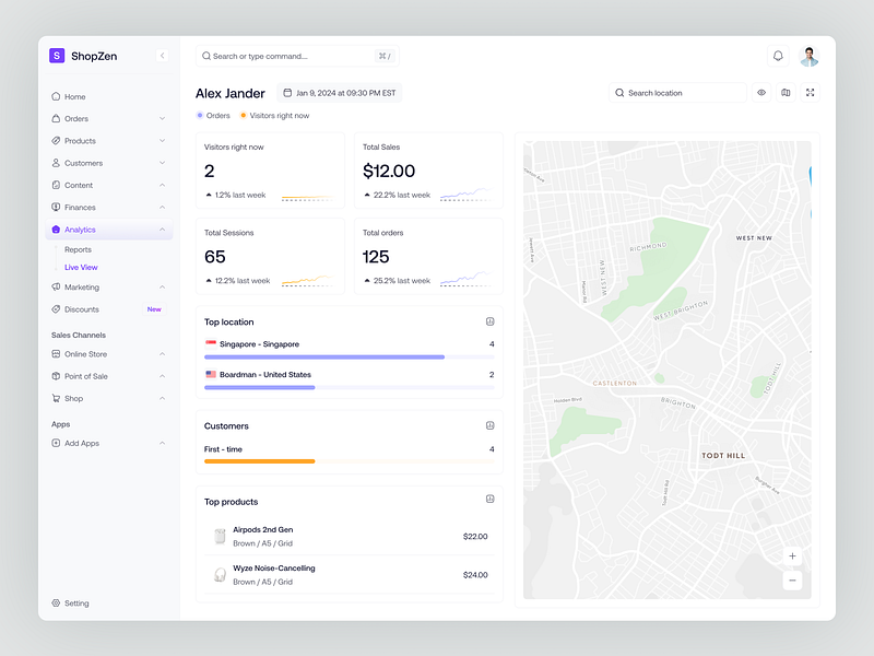 ShopZen - Analytics - Live View admin analytics analytics chart analytics dashboard dashboard delivery ecommerce live view location map app map view product design real estate reports saas shop shopify ui ux web app website