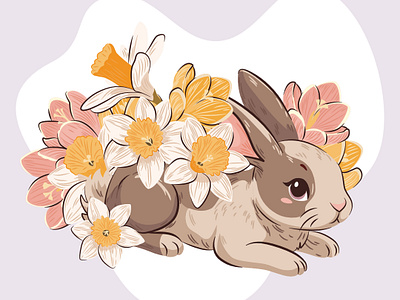 Bunny with Spring flowers adorable pet blooming blossom bunny crocus cute daffodil flowers fluffy graphic design greating card hare illustration rabbit shy spring springtime vector vector illustration whimsical