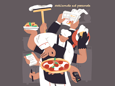 Mettiamola sul personale character design chef cleaner cook cover editorial illustration kitchen magazine manager pasta pizza procreate staff team waiter