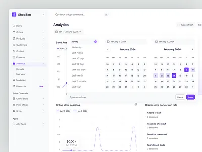ShopZen - Analytics Filter admin analytics analytics chart analytics filtering calendar chart dashboard ecommerce filtering online shop order product design product details saas saas design sales shop shopify ui ux web app