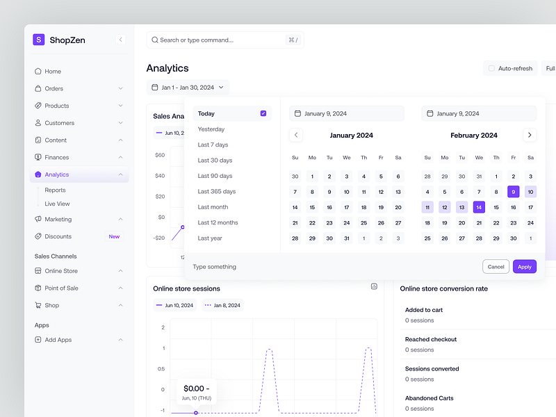 ShopZen - Analytics Filter admin analytics analytics chart analytics filtering calendar chart dashboard ecommerce filtering online shop order product design product details saas saas design sales shop shopify ui ux web app