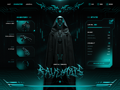 Futuristic Game Character UI app character cyber cyber sigilism dark dark theme design futuristic game gaming glow metal neo tribal sci fi tribal ui user interface