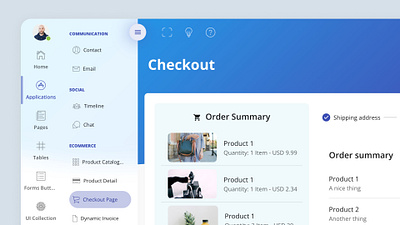Checkout Page of an eCommerce App admin card cart checkout dashboard ecommerce gallery gradient item listing material ui order product react shipping shopping sidebar ui ux