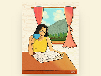 Girl in a Cafe - Concept Illustration cafe concept illustration digital art girl girl illustration illustration illustrator mountains procreate reading sipping coffee sipping tea