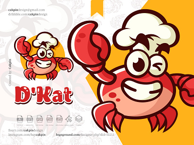 Crab Cartoon Mascot Logo : D'kat animal animation apron cafe cake cartoon character chef hat crab cute illustration logo mascot red restaurant seafood shellfish
