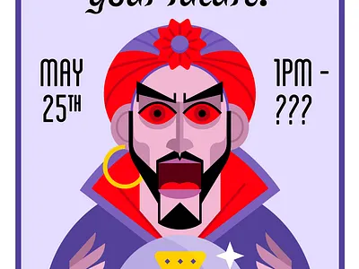 Zoltar dip exchange party invite automatron big cartoon character design flat fortune future gypsy hands illustration invitation machine magic party portrait zoltar