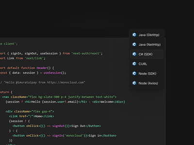 Code snippets @Monocloud code code snippet code snippets dark mode dark ui dropdown option menu snippet