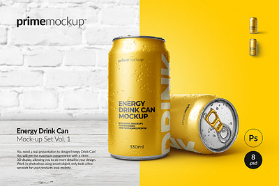 Energy Drink Can Mockup Set Vol. 1 beverages can cans cola drink drop droplet drops energy energy drink fresh label logo metal