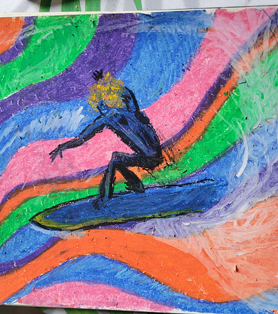 // Surfs Up coloful drawing illustration oil pastel oil pastels