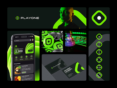 Visual Identity for PlayOne | Branding black green design brand book branding design guidebook gambling game branding games identity logo neon visual brand guide visual identity
