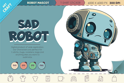 Sad cartoon Robot. android art cartoon character chibi comic cyborg design illustration kawaii machine mascot robot sticker vector