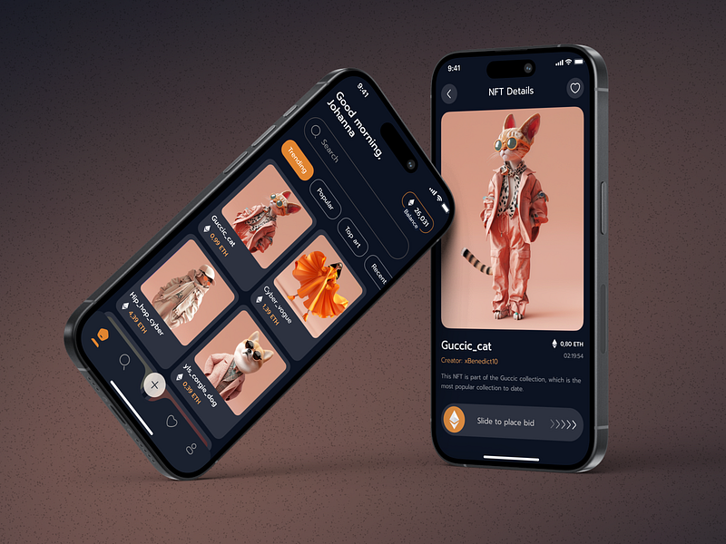 NFT Marketplace - Mobile app blockchain dark theme e commerce marketplace mobile app mobile app design nft nft marketplace orange ui design ux design web3