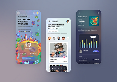 NFT Marketplace App btc collectables crypto currency cryptopunks eth mobile design nft nft app nft marketplace nft trading app opensea planets ui design uiux ux design