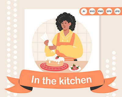 In the kitchen baking character daily routine illustration kitchen tea vector woman