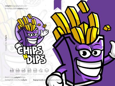 French Fries Cartoon Mascot Logo : Chips n Dips animal cake cartoon character chips crispy fast food food cart french fries fries illustration logo mascot potato potato mascot restaurant snack bar snacks twisters