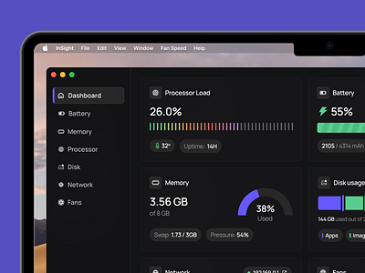 InSights - Mac Diagnostic App app ui apple design bento chart clean ui dark theme data visualisation mac app software design ui