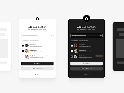 Select Team Members - Minimalist Interface Design admin animation card challenge clean dailyui dailyuichallenge dark mode design interface minimalist modern motion graphics onboarding project management selector toggle ui uidesign ux