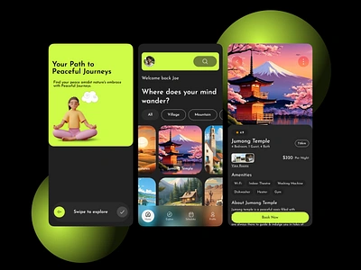 Peaceful Journeys 3d app design figma glassmorphism illustration travel ui user interface ux