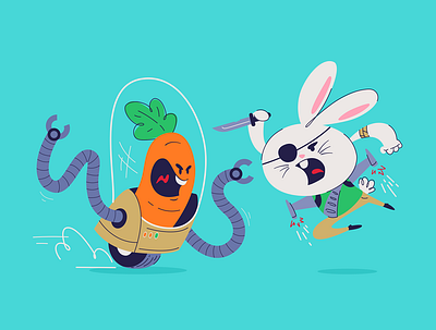 Fight of deadly enemies carrot cartoon fight illustration rab rabbit robot