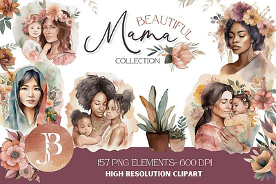 Beautiful Mama Clipart Collection african american asian mother black mother black woman black women boho clip art clipart family floral japanese woman latino mother mother and baby mother and daughter mothers day native mother watercolor
