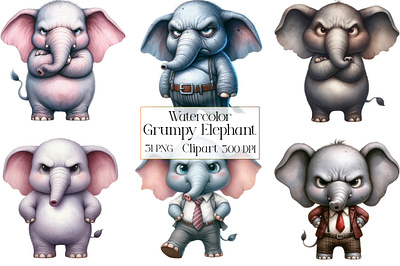 Watercolor Funny Grumpy Elephant Clipart champagne