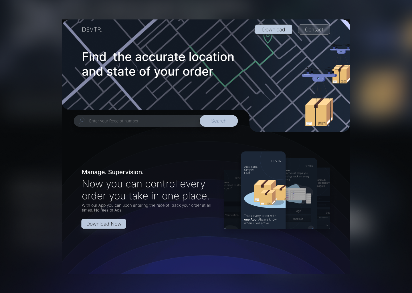 Landing Page - Delivery Tracker dark mode dark website design graphic design home page interface landing page landingpage minimal modern website package tracking website ui uiux web web design web layout website website design