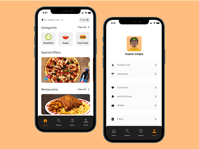 Food Delivery App Design app branding food mobile orange ordering profile setup ui uiux
