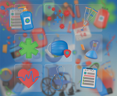 Medical 3D Icon Set 3d checking chemicals crutch design hand sanitizer health healthcare heart beat hospital icon illustration infusion medical medical 3d icon medical mask medical report medicine stethoscope ui