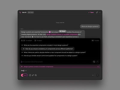 AI Chat Interface in Dark Theme ai ai app ai chat app artificial intelligence chat chatgpt dark mode design gpt input interface messenger minimal open ai popup product design ui user interface ux