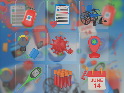 Medical 3D Icon Set 3d blood bag blood donation blood pressure machin checking doctor element graphic design health care hospital hospital location icon medical medical report medicine thermometer ui virus wheel chair world blood donor day