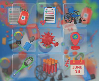Medical 3D Icon Set 3d blood bag blood donation blood pressure machin checking doctor element graphic design health care hospital hospital location icon medical medical report medicine thermometer ui virus wheel chair world blood donor day