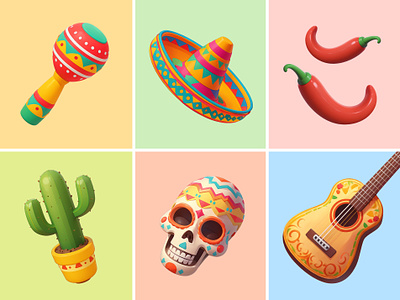 Cinco De Mayo Icon Illustration 3d cartoon chilli cinco de mayo cute guitar icon illustration maracas mexican mexico pastel rendering skull sombrero