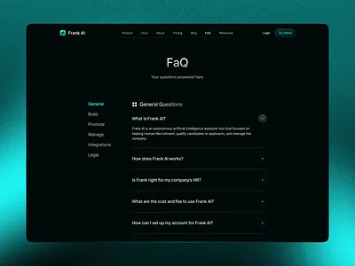 Frank AI - FaQ Page artificial intelligence dark theme devin ai faq faq page hr landing page hr management popula product design questions ui ui design uiux web design website