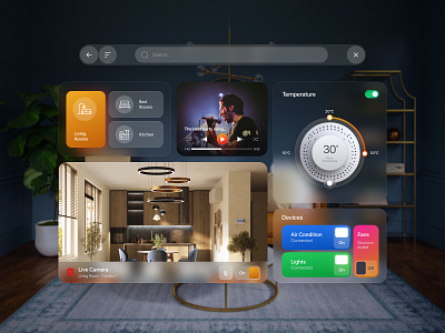 Smart Home - VR Dashboard ac ar branding dashboard glass glassmorphism graphic design llight music smart smart home ui virtual reality vr